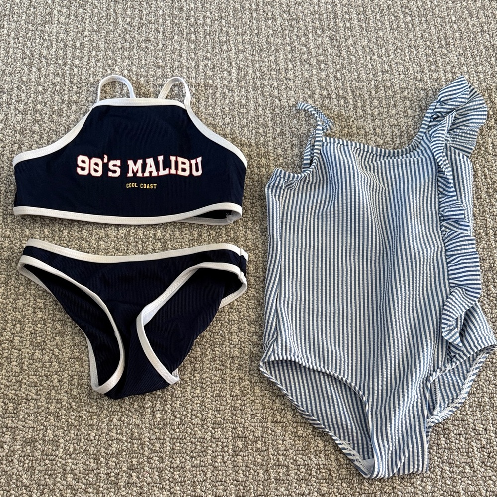 Zara Kids Swimsuits Swimwear Navy Halter Blue White Ruffles Size 6-7